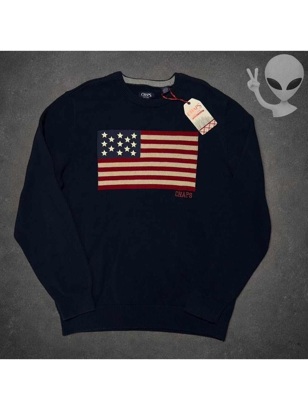 Chaps Sweater Mens XL Navy Blue American Flag Knit Crewneck Pullover NWT